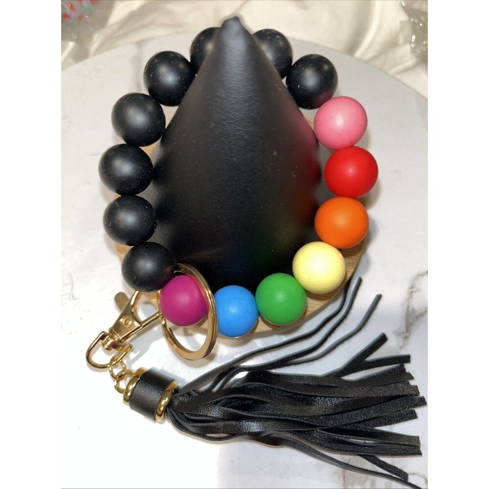 Silicone Beaded Wristlet Keychain Bracelet Tassel Key Ring Holder